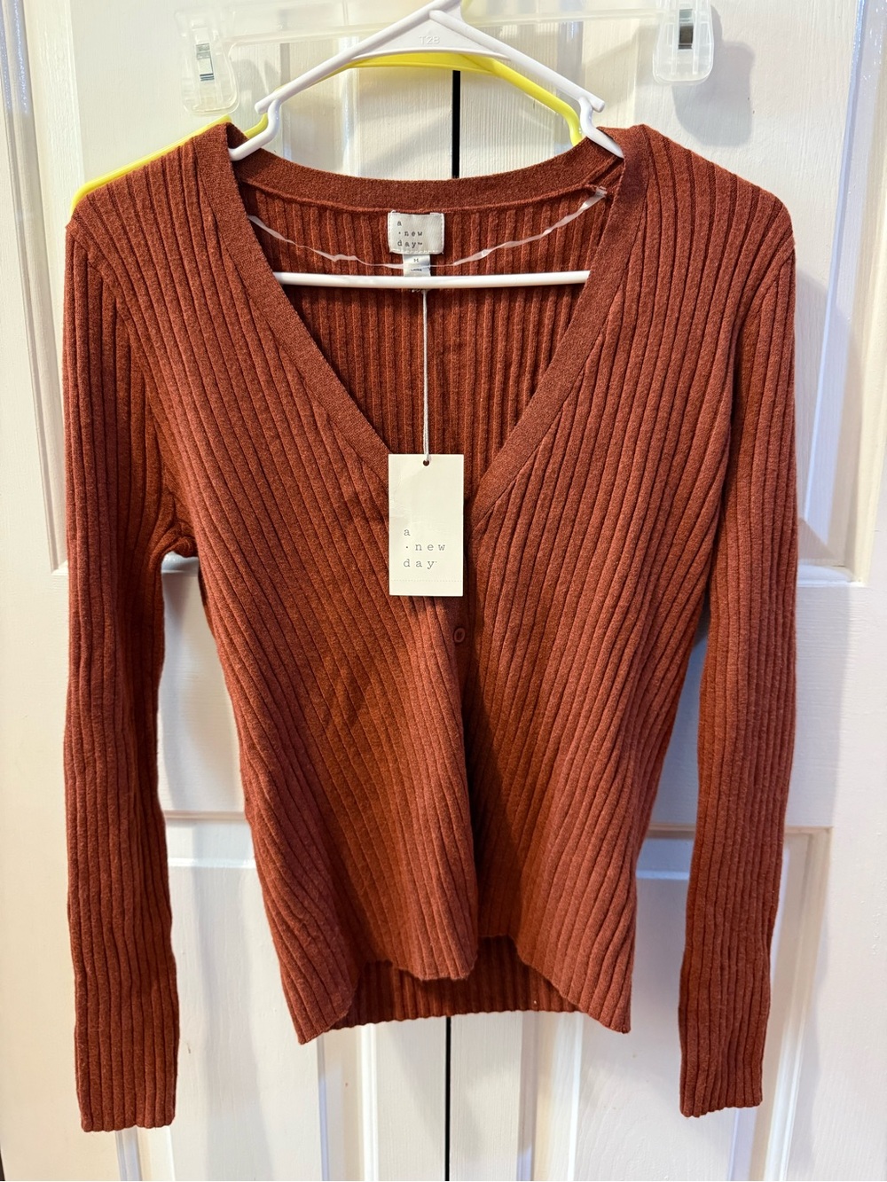 Women's Fine Gauge Ribbed Cardigan - A New Day™ Brown Size Med - Picture 2 of 9